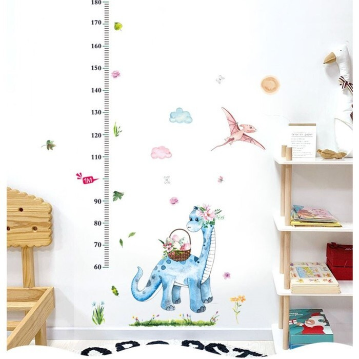 Наклейка пластик интерьерная цветная ростомер "Динозаврик и корзина с цветами" 50х70 см  #1