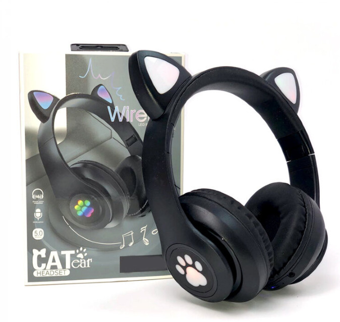 Беспроводные светящиеся наушники с кошачьими ушками, черные/ Bluetooth наушники / Наушники с радужными #1