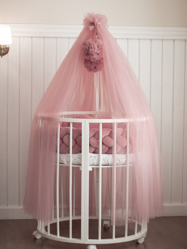 Балдахин для детской кровати с помпонами из фатина, 8х1,5 м, розовая пудра.  #1