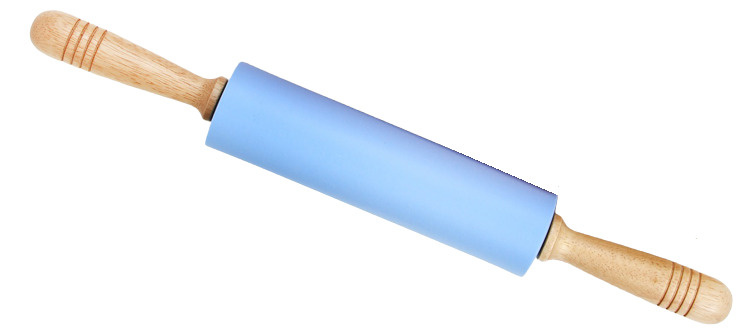 Силиконовая скалка с деревянными крутящимися ручками для теста, 43х5.5 см, голубой цвет рабочей поверхности #1
