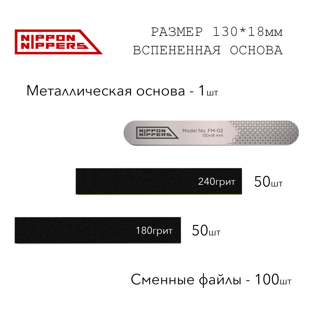 Nippon Nippers/ Набор для маникюра и педикюра/ Основа металическая 130*18, 1шт + Сменные файлы на вспененной #1