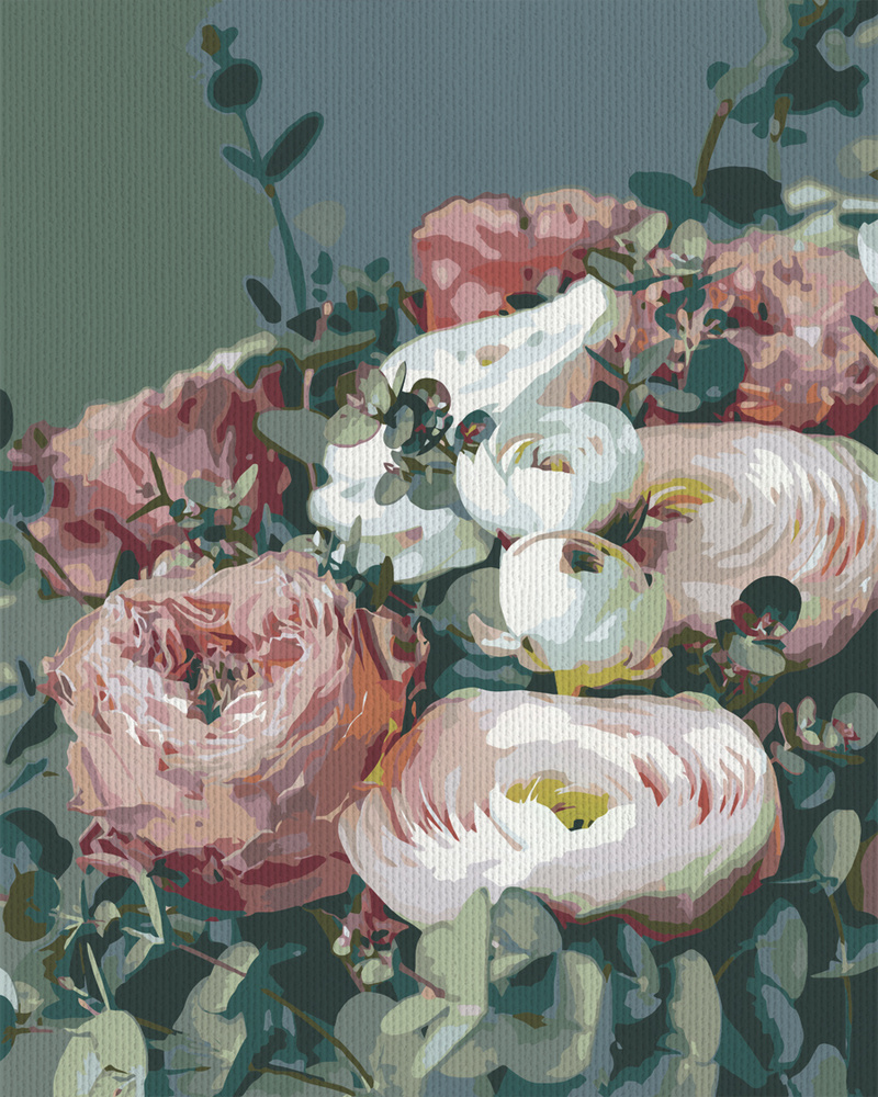 Картина по номерам на холсте с подрамником 40х50 см. Цветы, букеты. "Ранункулюсы розы эвкалипт", арт. #1
