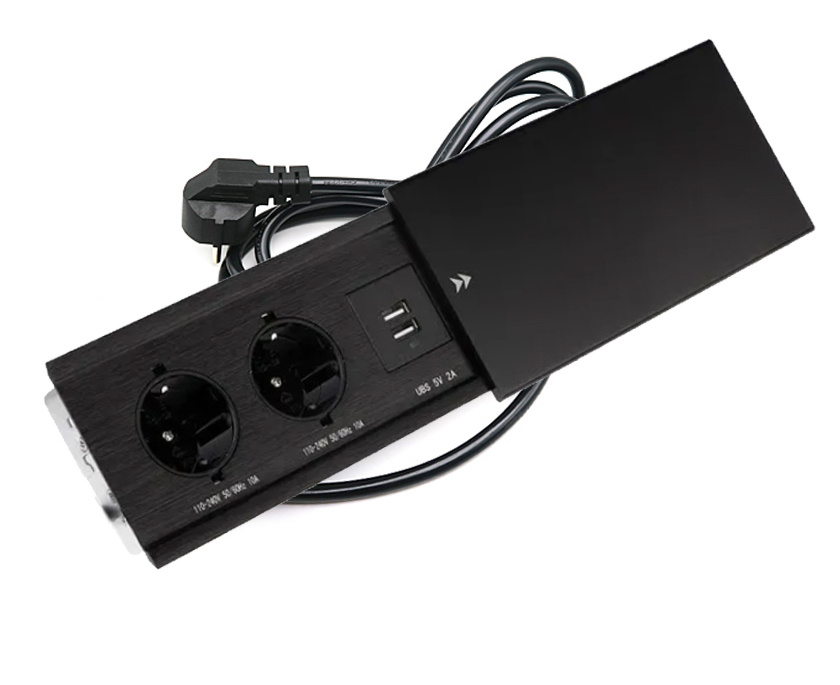 Выдвижная встраиваемая розетка, горизонтальная, GL на 2 розетки и 2 USB, черный, сдвижная крышка, с кабелем #1
