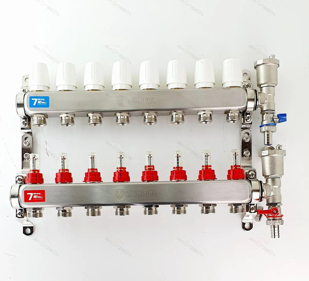 Коллектор для теплого пола 8 контуров в сборе распеределительный с расходометрами 1"x3/4" VIEIR  #1