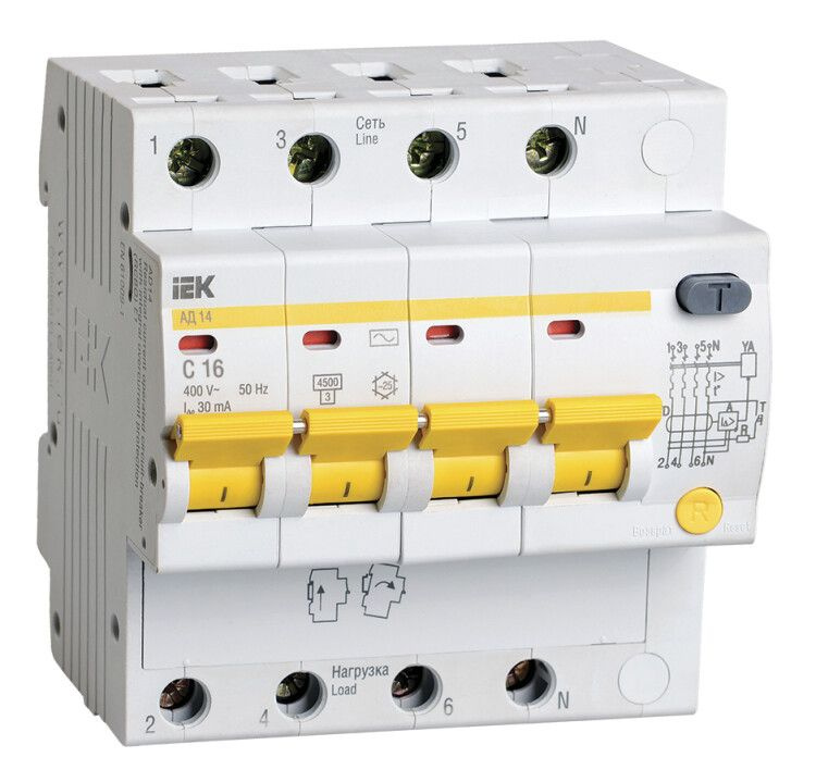 Дифференциальный автоматический выключатель (АВДТ) 4-полюсный (4P) С 16А 30мА тип AC 4.5кА АД12 KARAT #1