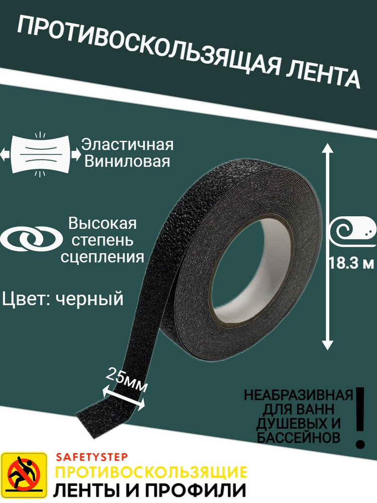 Противоскользящая лента Anti Slip Tape, неабразивная, полимерная, размер 25мм х 18.3м, цвет черный, SAFETYSTEP #1
