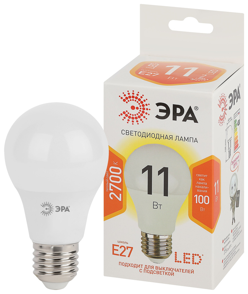 Лампочка светодиодная ЭРА STD LED A60-11W-827-E27 E27 / Е27 11 Вт груша теплый белый свет  #1