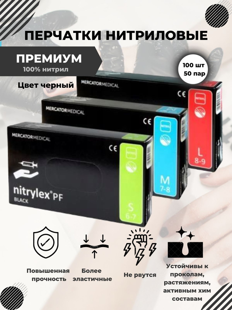 Nitrylex, перчатки нитриловые, черные, размер S, 100 штук #1
