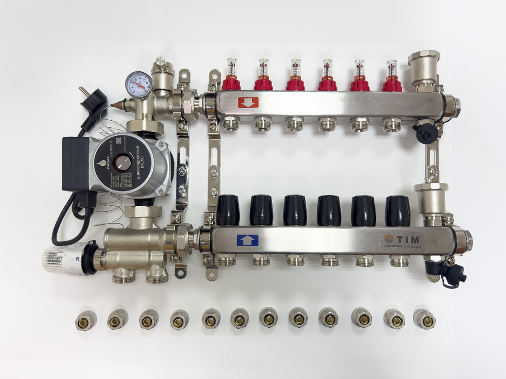 Комплект для водяного теплого пола с насосом: Коллектор 6 выхода с расходомерами + смесительный узел #1