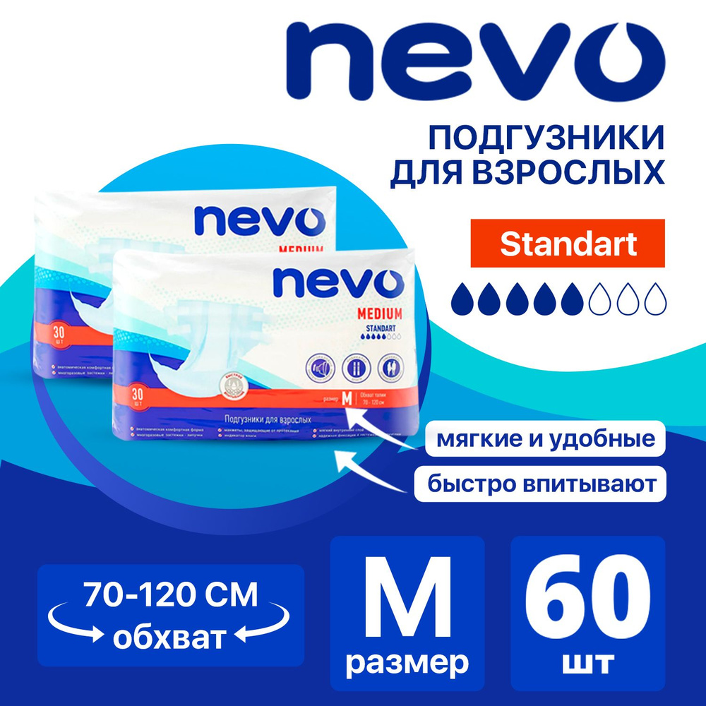Подгузники для взрослых Nevo Medium Standart, ночные (дневные), 2 Размер, М, 60 штук, одноразовые дышащие #1