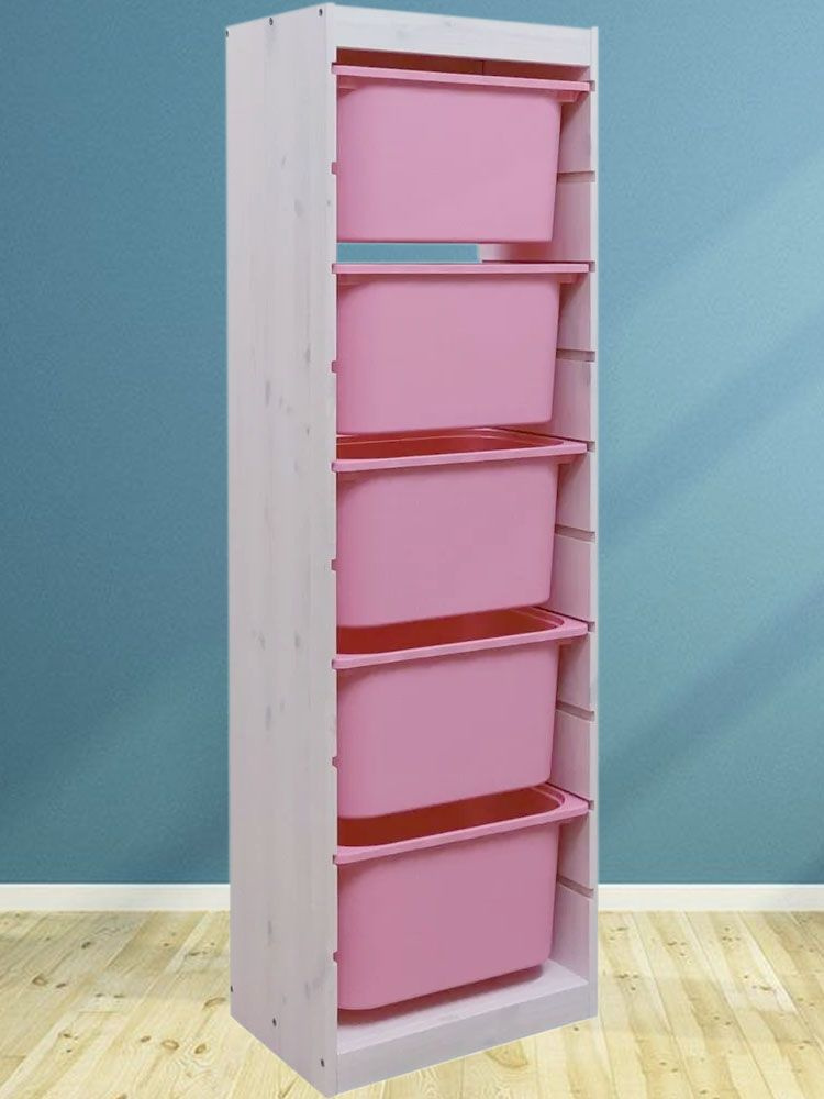 Белый стеллаж ТРУФАСТ 142 см вертикальный с розовыми (5) контейнерами  #1