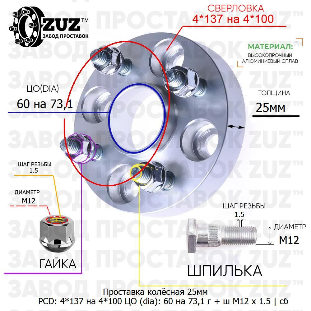 Проставка колёсная 1 шт 25мм 4*137 на 4*100 ЦО 60 на 73,1 Крепёж в комплекте Гайка + Шпилька М12*1,5 #1