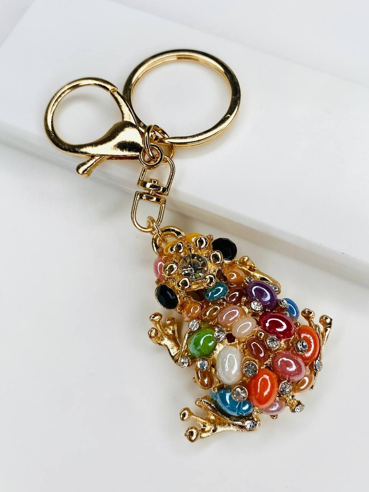 Брелок с карабином для ключей для сумки, большой золотой брелок с крупными разноцветными камнями, лягушка, #1