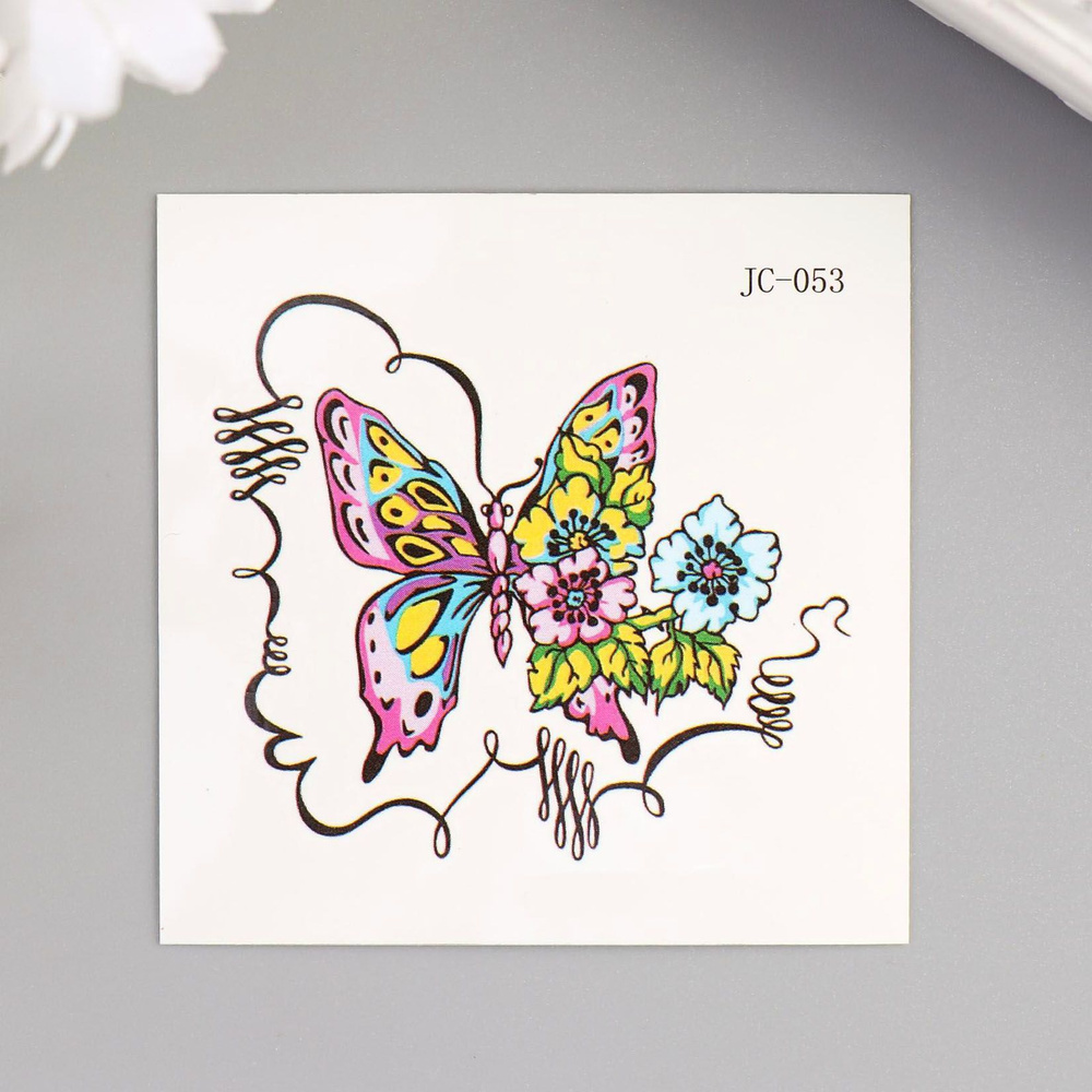 Татуировка  на тело цветная "Бабочка и цветы" 6х6 см #1
