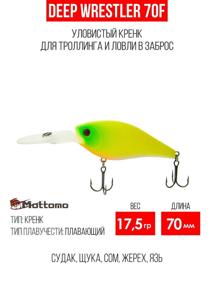 Воблер для рыбалки Mottomo Deep Wrestler 70F 17,5g Chart Yellow, крэнк плавающий для спиннинга, кастинга, #1