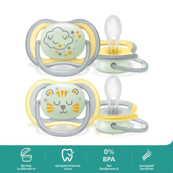 Соска пустышка силиконовая светящаяся Philips Avent ultra air night SCF376/01 с футляром для хранения #1