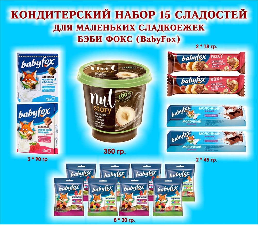 СЛАДОСТИ BabyFoх-Шоколад молоч/малиновый 2*90 гр.+ Мармелад 8по30 гр+ Шоколадная паста 1*350 гр+Батончик #1