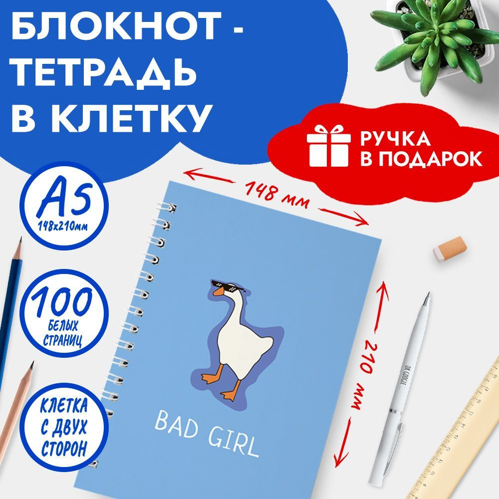 Блокнот / Тетрадь А5 в клетку 48+2 листов, с ручкой в наборе, для школы и офиса, взрослых и детей, блокнот #1