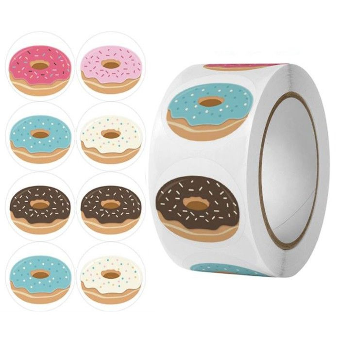 Наклейки бумажные КНР "Пончики" d 2,5 см, 500 шт в рулоне, 3х6,5х6,5 см (Jiaruili - C75)  #1