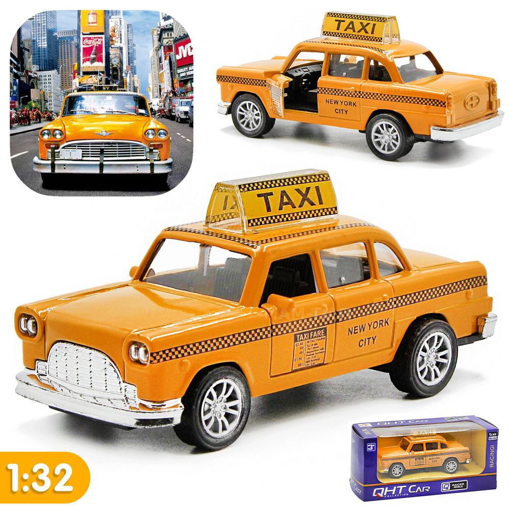 Машинка металлическая инерционная 1:32 TAXI New York Ford Thunderbird (Городское Такси) в коробке, двери #1