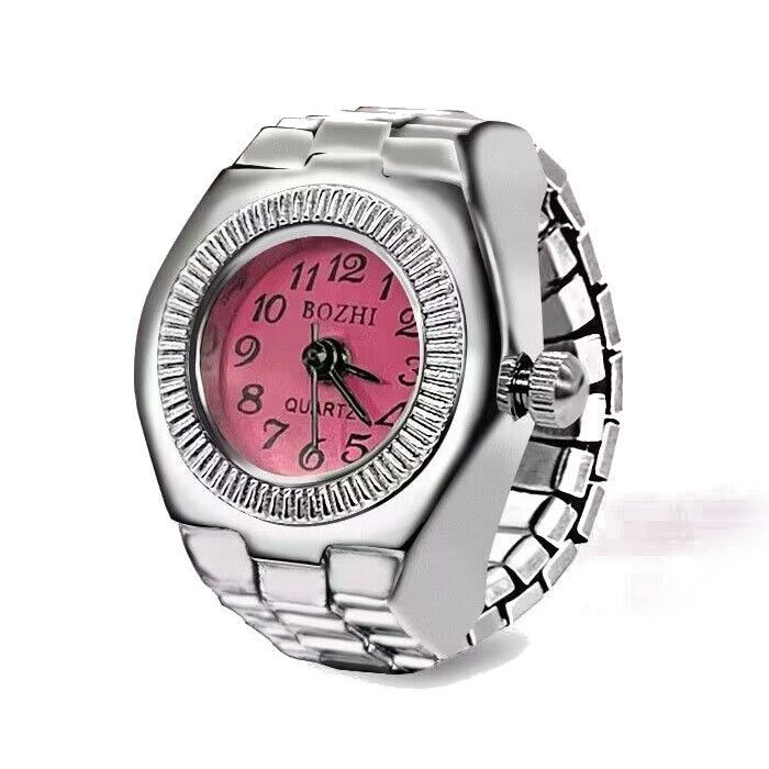 Круглые часы-кольцо на палец, ярко-розовый циферблат #1
