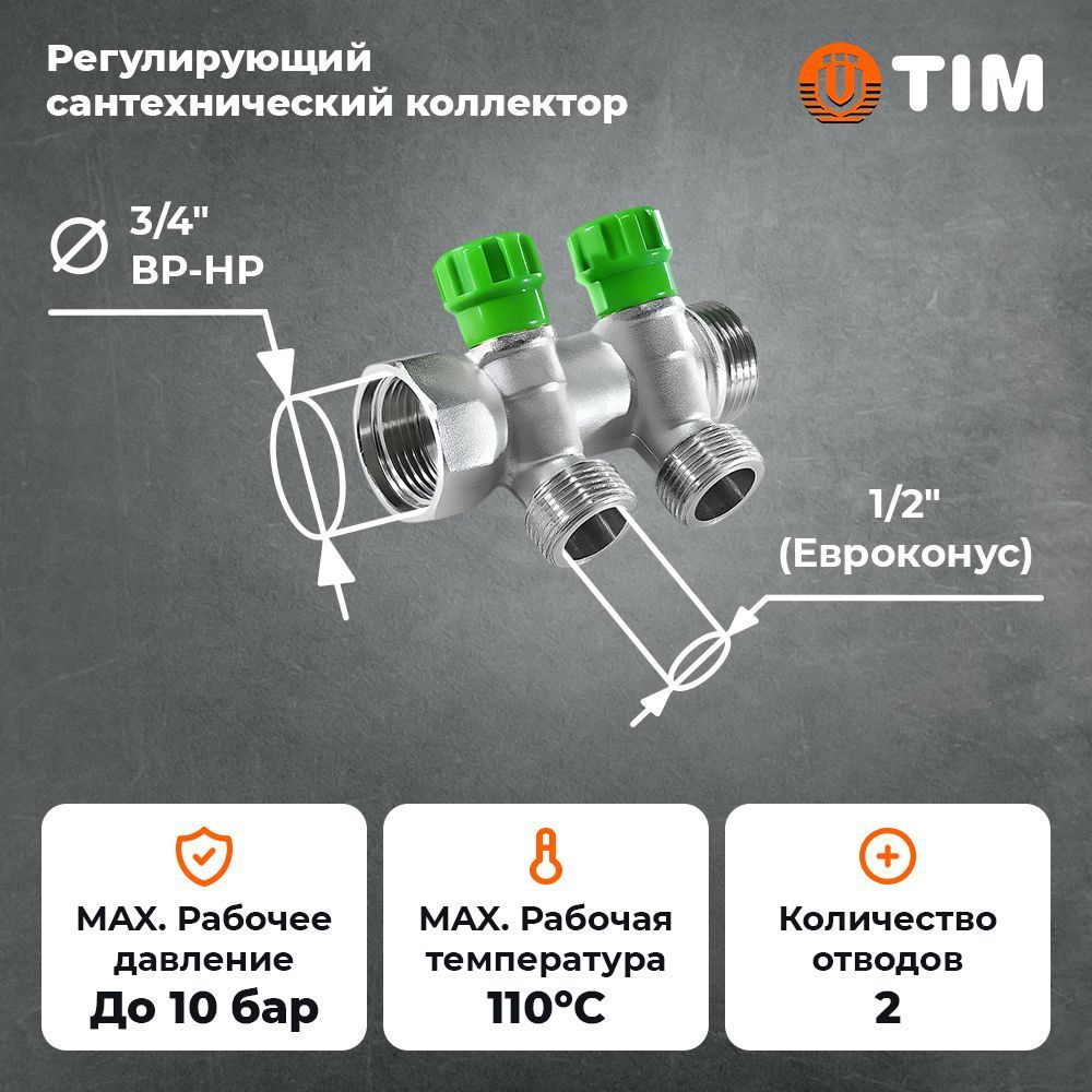 Коллекторная группа 45 град, 3/4 х 1/2, 2 выхода/входа, под евроконус TIM арт. MR135N-3/4-2  #1