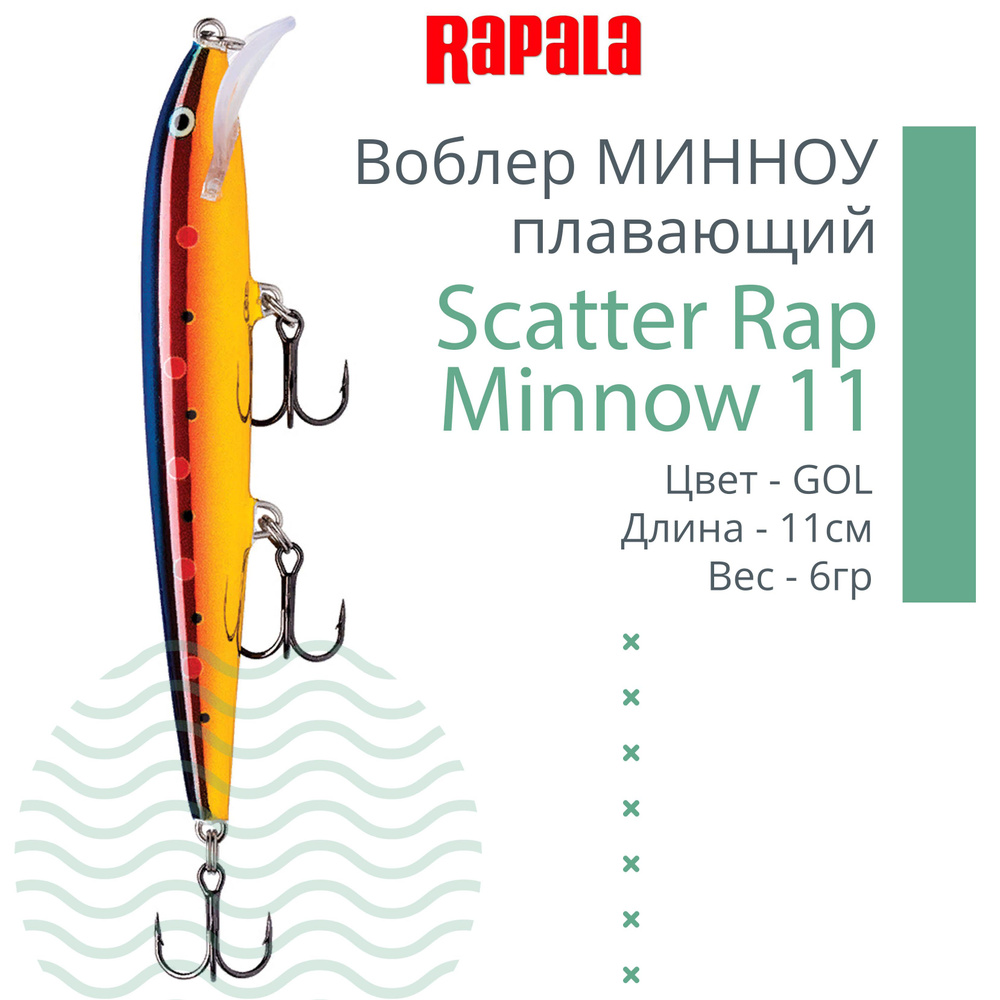 Воблер для рыбалки RAPALA Scatter Rap Minnow 11, 11см, 6гр, цвет GOL, плавающий  #1