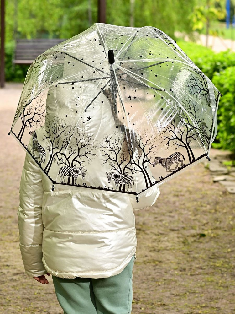 Зонт детский для девочек и мальчиков прозрачный трость полуавтомат//Зонт RAINBRELLA черный, прозрачный, #1