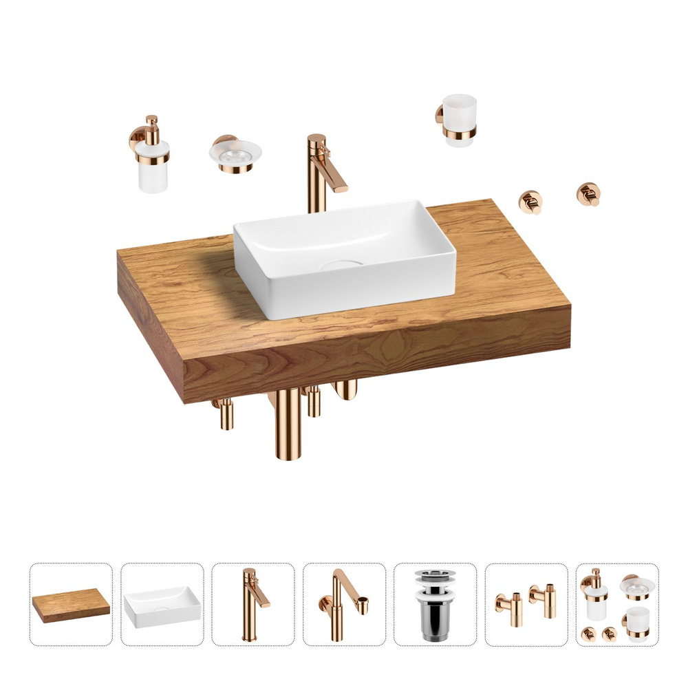 Комплект мебели для ванной комнаты с раковиной Wellsee Genuine Tree 201016864: столешница, раковина, #1