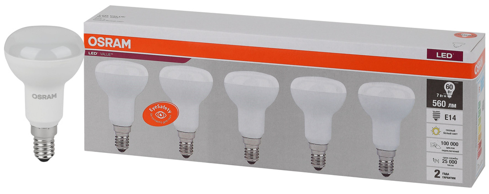 Лампочка светодиодная Е14 OSRAM LED Value R, 560лм, 7Вт, 3000К теплый свет, упаковка 5 шт.  #1