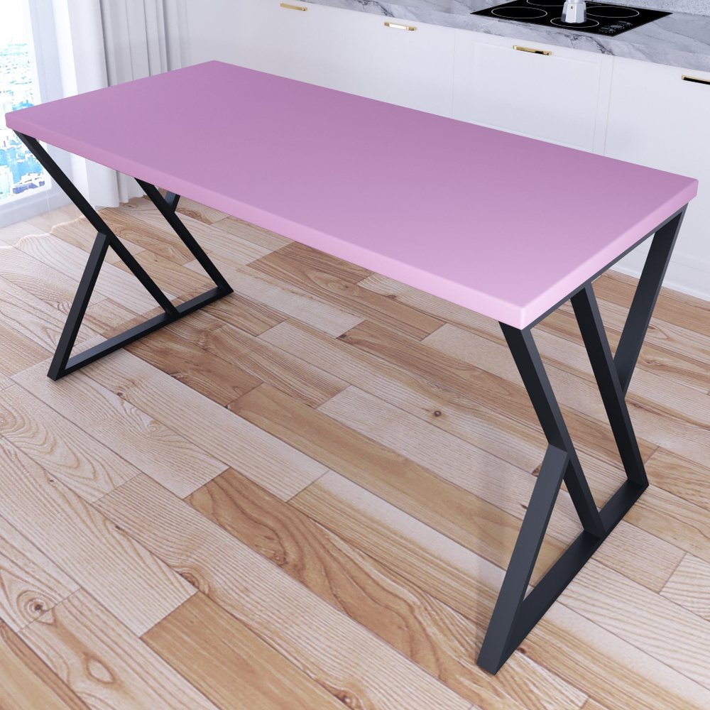 Стол кухонный Loft со столешницей розового цвета из массива сосны 40 мм и черными металлическими Z-образными #1