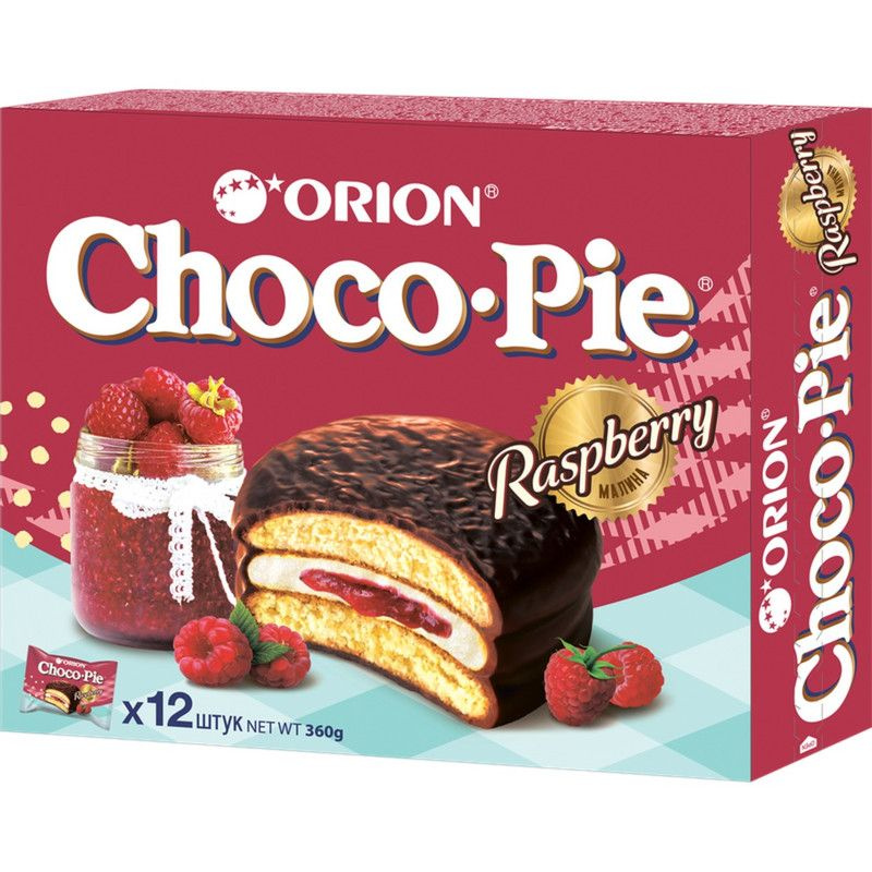 Пирожное Orion Choco Pie Raspberry бисквитное в шоколаде с малиной, 360г  #1