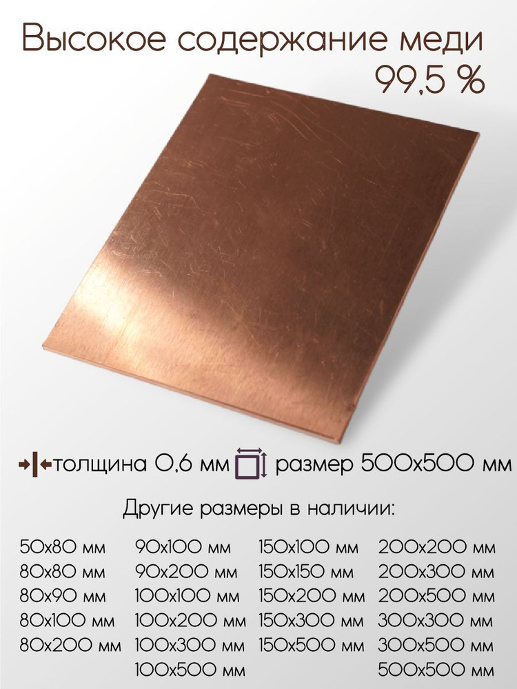 Медь М1М лист толщина 0,6 мм 0,6x500x500 мм #1