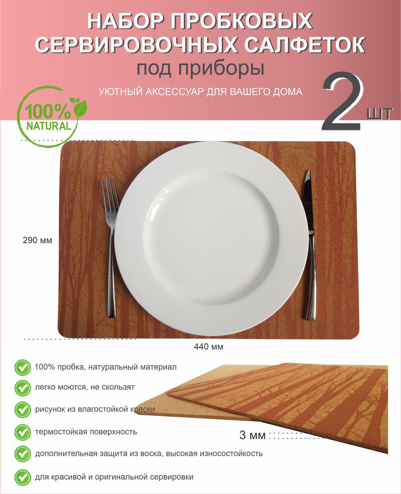 Салфетки под тарелки на стол сервировочные, натуральная пробка, набор 2 ...