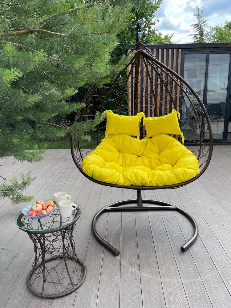 Подвесное двухместное кресло-кокон FISHT коричневый (желтая подушка)  #1