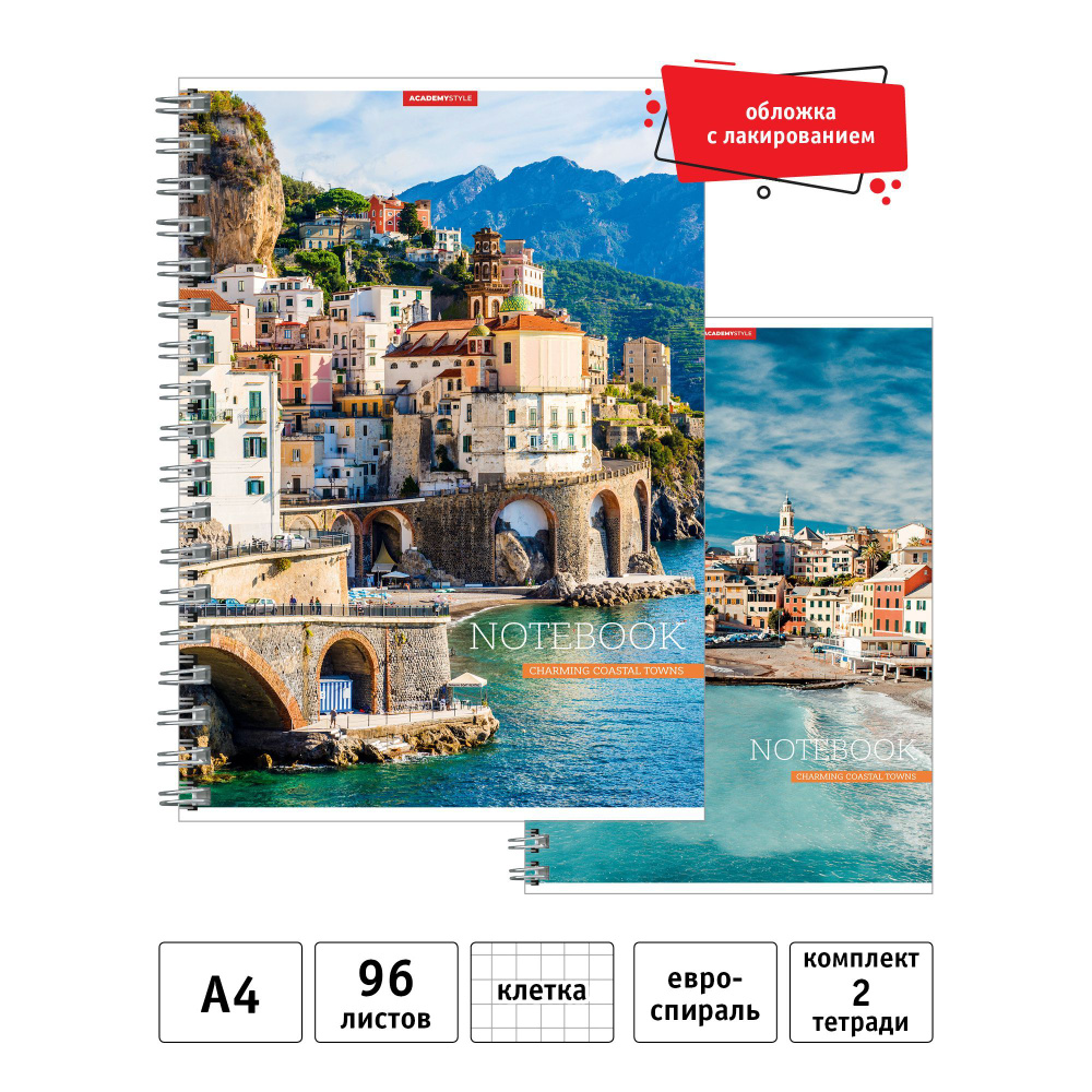 Тетрадь общая 96 листов А4 в клетку на спирали набор 2 шт. Город у моря ...