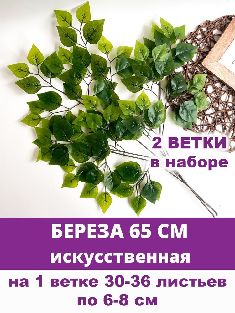 Береза искусственная, оттенки зеленого, ветка 65 см, 2 шт #1