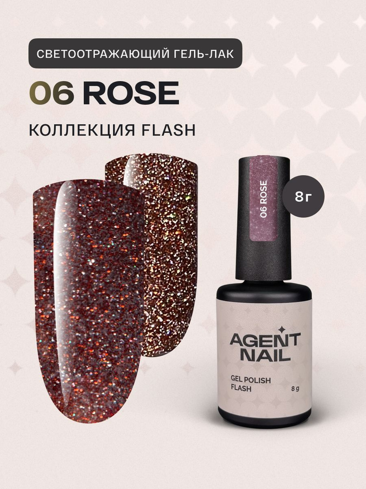 Гель лак для ногтей для маникюра и педикюра Agent Nail Gel Polish Rose Flash темно-розовый, светоотражающий, #1