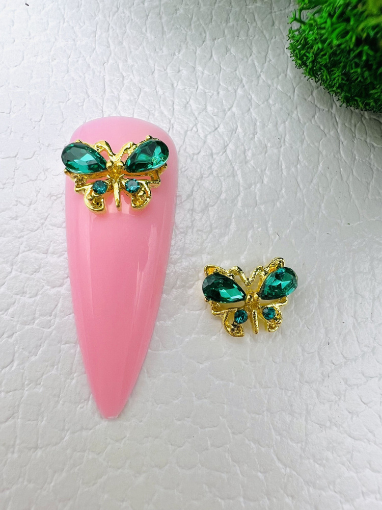 Фигурки на ногти. Объемные бабочки 2 шт (10*8 мм зеленый, золотистые) . Декор и дизайн для ногтей. Стразы #1