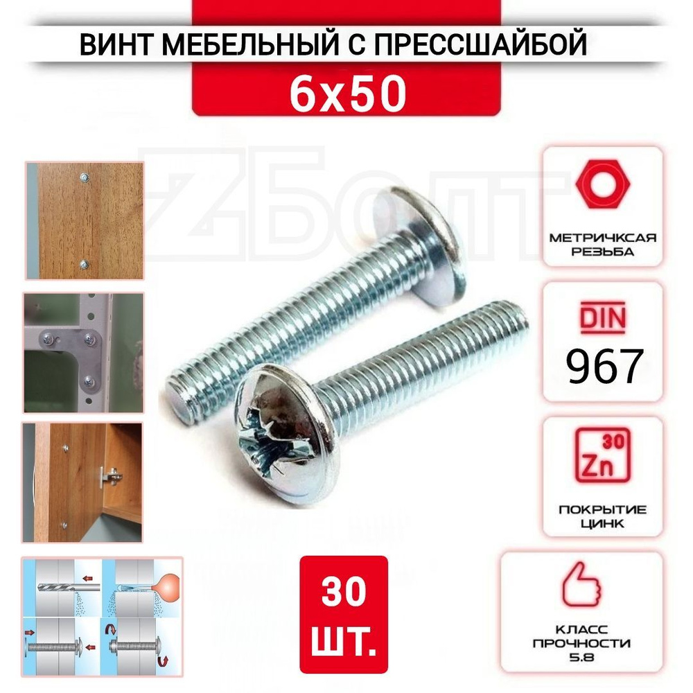 Винт мебельный с полукруглой головкой и прессшайбой, DIN967, 6х50, 30 шт.  #1