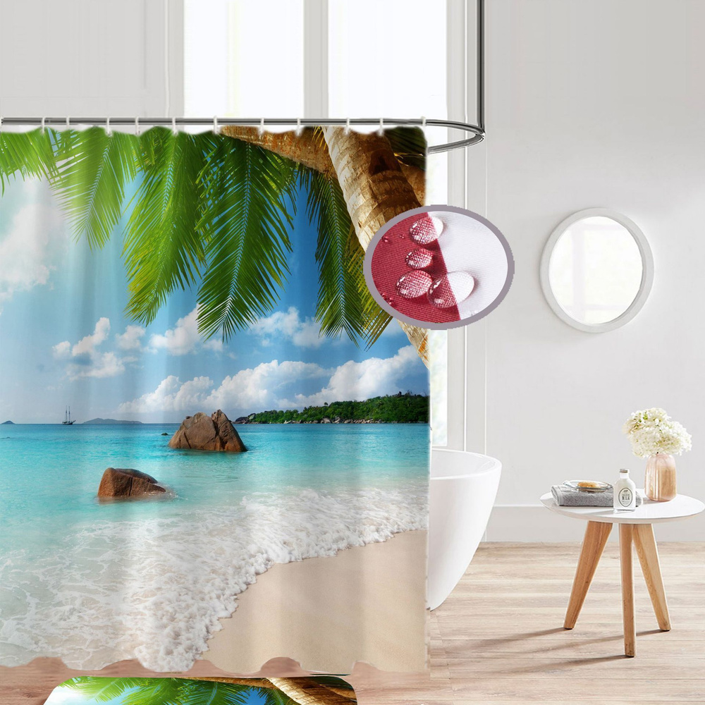 Штора (занавеска) для ванной / душа водоотталкивающая тканевая с кольцами 180 x 180 см Пляж и Океан  #1