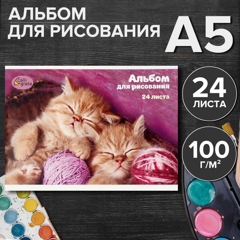 Альбом для рисования А5, 24 листа на скрепке, "Милые котята", обложка мелованный картон, блок 100 г/м2 #1
