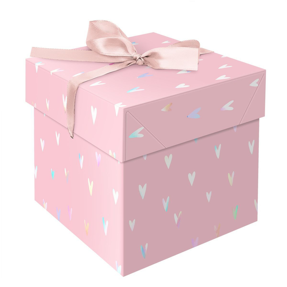 Коробка складная подарочная 15х15х15 см, с атласной лентой, отделка фольгой, MESHU Hearts  #1