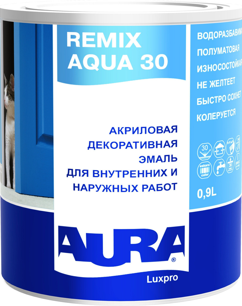 AURA Эмаль Гладкая, Акриловая, Полуматовое покрытие, 0.9 л, 1.11 кг, белый  #1