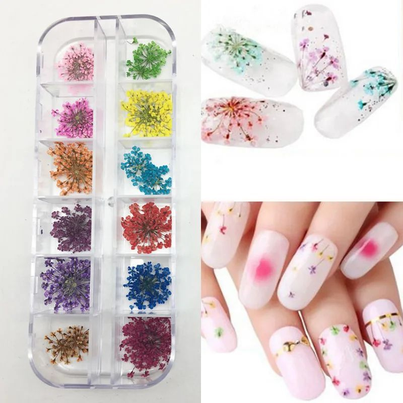 Сухоцветы для ногтей - дизайн для маникюра, декор для ногтей, набор сухоцветов для творчества 12 шт., #1