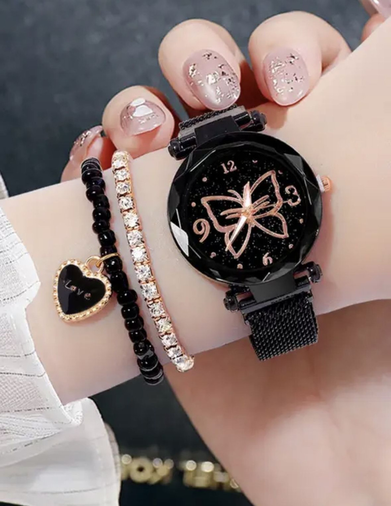 Комплект - кварцевые наручные часы с циферблатом, 4 браслета/ модные стильные часы женские/ подарок на #1