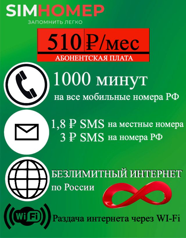 SIM-карта Тариф 510 руб/мес: 1000 минут, БЕЗЛИМИТНЫЙ ИНТЕРНЕТ МегаФон с раздачей Wi-Fi (Вся Россия)  #1