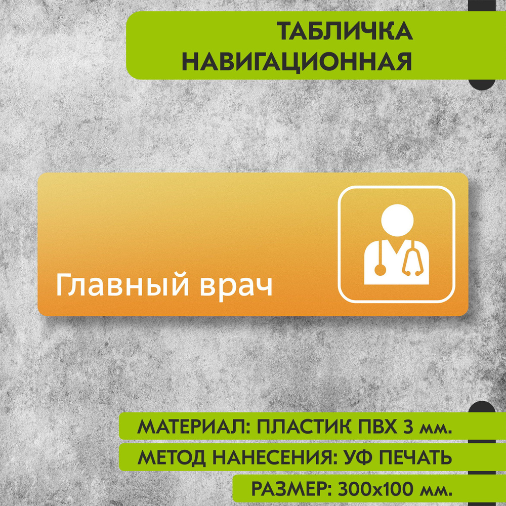 Табличка навигационная "Главный врач" жёлтая, 300х100 мм., для офиса, кафе, магазина, салона красоты, #1