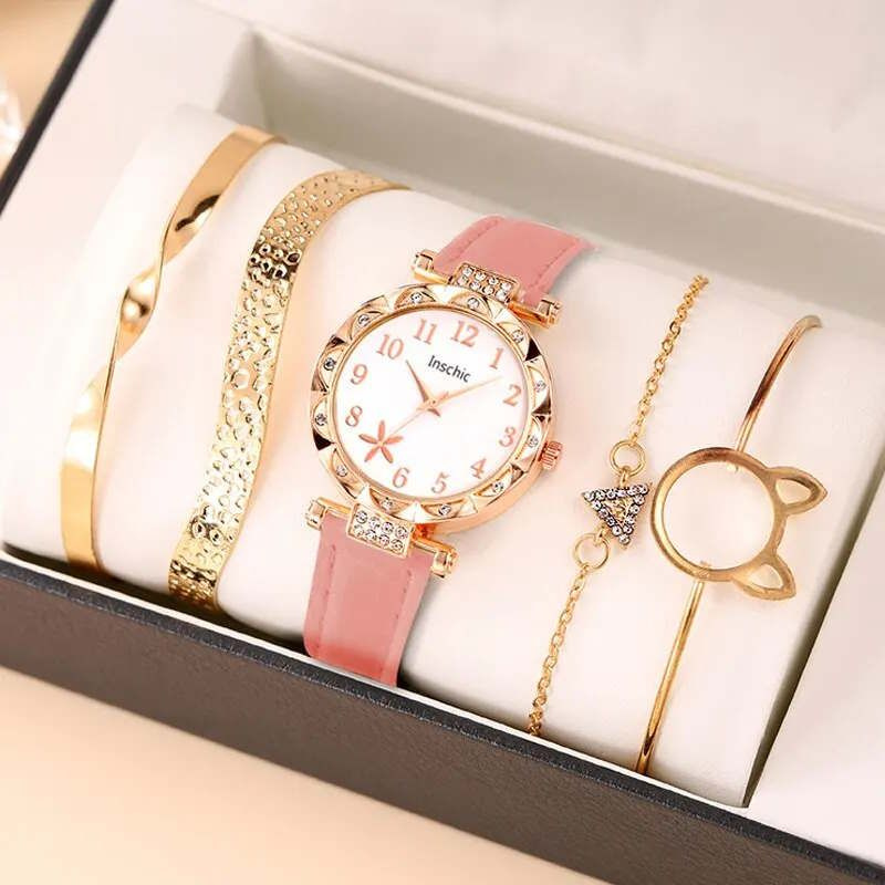Женские кварцевые часы розовые с кожаным ремешком + браслет 4 шт.  #1