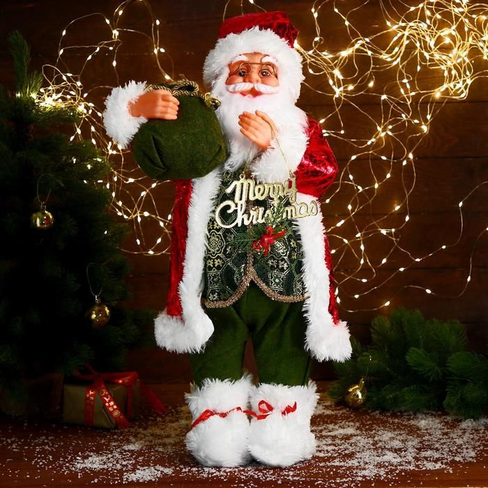 Декоративная кукла Зимнее волшебство "Дед Мороз", в зеленом костюме, с мешком подарков, 35х60 см  #1